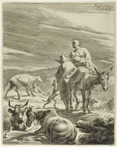 Matka a zahalené dítě jedoucí na oslu, deska 4 z cyklu Čtyři krajiny od Cornelis Visscher