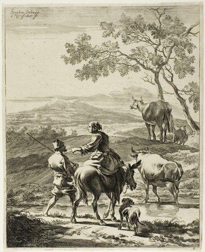 Žena na oslu od Cornelis Visscher