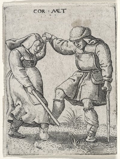 Muž s obvázanou nohou tančí se ženou, 1572 (rytina na položený papír) od Cornelis after Massys