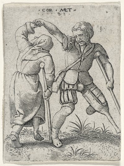 Muž s dřevěnou nohou obracející chromou ženu pod paží, 1572 (rytina na položený papír) od Cornelis after Massys