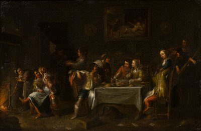 Dámy a pánové hodující kolem stolu, kolem 1612-67 (olej, plátno a papír) od Cornelis de (attr. to) Wael