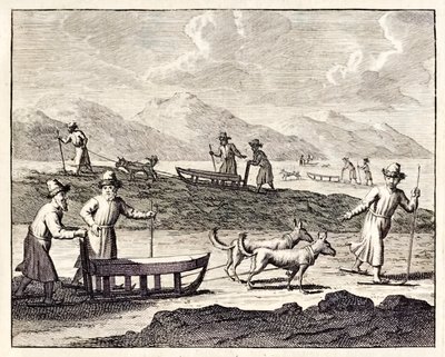 Rusové cestující se psím spřežením na Sibiři.“ z „Voyages de Corneille le Brun“. 1718 od Cornelis de Bruyn