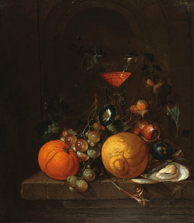 Citron, pomeranč, hrozny, ústřice a sklenka vína na římse od Cornelis de Heem