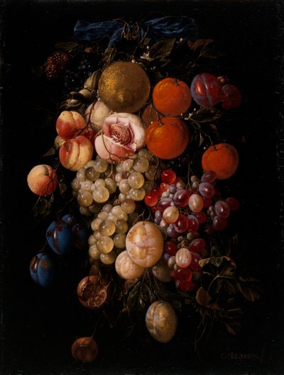 Zátiší z hroznů, třešní a švestek visící z hřebíku s modrou stuhou od Cornelis de Heem