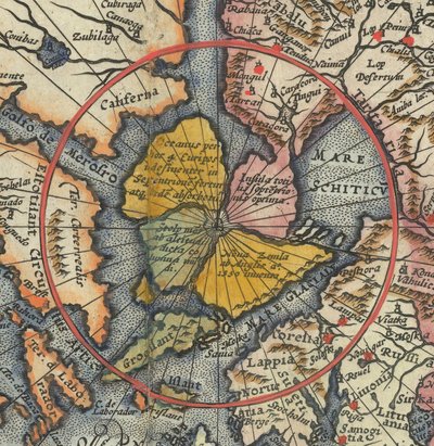 Detail mapy světa - Arktida s magnetickým ostrovem jako severním pólem od Cornelis de Jode