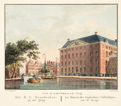 Pohled na Amsterdam č.19. Het R.C. Maagdenhuis op het Spuij. Dům katolických sirotků na Spuij, 1825 (ručně kolorovaná rytina) od Cornelis de Kruyff