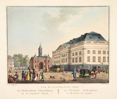 Pohled na Amsterdam č. 20. De Hollandsche Schouwburg en de Leydsche Poort. Nizozemské divadlo a přístav Leyden, 1825 (ručně kolorovaná rytina) od Cornelis de Kruyff