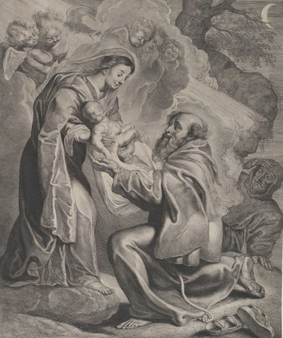 Vidění svatého Františka, klečícího vpravo, přijímajícího dítě Krista od Panny..., 1650. od Cornelis de Visscher