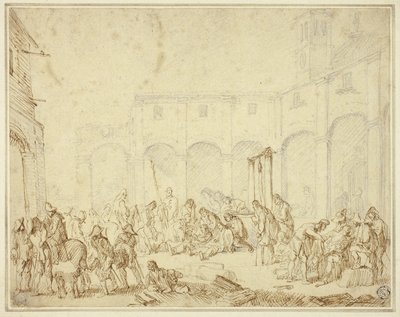 Zranění vojáci na nádvoří na náměstí od Cornelis de Wael
