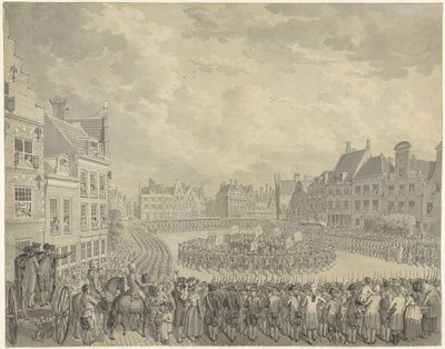 Přísaha rady komisařů střeleckými důstojníky na Neude v Utrechtu, 1786 od Cornelis van Cuylenburgh (II) (signed by artist)