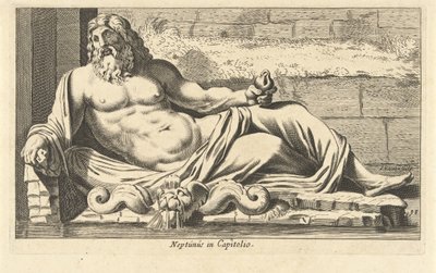 Socha Neptuna u fontány na Kapitolu v Římě Neptun v Capitolio (název na objektu) Eigenlyke zobrazení stovky nejslavnějších soch nebo antických soch, stojících v Římě (název série) od Cornelis van Dalen (I)
