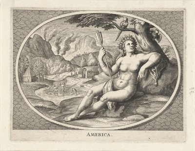 Ženská personifikace kontinentu Ameriky jako žena s čelenkou z peří a šípem v krajině Amerika (název na objektu) od Cornelis van Dalen (II)