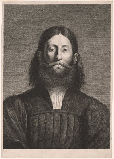 Portrét vousatého muže (tzv. Giorgioneho portrét), z Kabinetu Reynst; Variarum imaginum a celeberrimis artificibus pictarum Caelaturae (Kabinet Reynst: Rytiny různých obrazů namalovaných slavnými umělci) od Cornelis van Dalen II