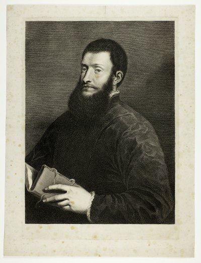 Portrét básníka Pietra Aretina z Kabinetu Reynst; Variarum imaginum a celeberrimis artificibus pictarum Caelaturae (Kabinet Reynst: Rytiny různých obrazů namalovaných slavnými umělci) od Cornelis van Dalen II