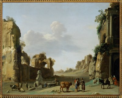 Pohled na Campo Vaccino s oslem ... od Cornelis van Poelenburgh or Poelenburch