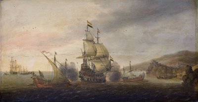 Námořní bitva mezi nizozemskými válečnými muži a španělskými galérami, c.1633-50 od Cornelius Bol