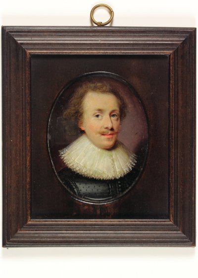 Gentleman v černém figurálním kabátci s padajícím krajkovým límcem (akvarel na pergamenu) od Cornelius I (attr.to) Johnson