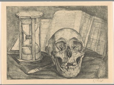 Zátiší s lebkou, přesýpacími hodinami, knihou a nožem od Corrie Pabst (signed by artist)