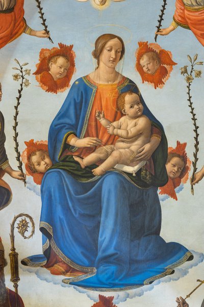 Madona s dítětem ve slávě, svatý Ambrož, svatý František z Assisi, Bůh Otec a andělé, Oltářní obraz, detail (freska) od Cosimo Rosselli