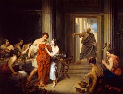 „Řecký filozof Sokrates (470–399 př. n. l.) objeví mladého Alkibiada (450–404 př. n. l.) s hetary (řecká prostitutka)“ od Cosroe Dusi