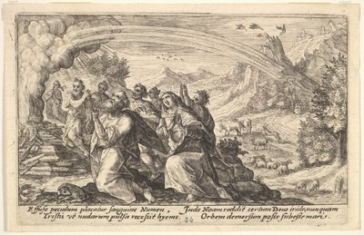Bůh uzavírá smlouvu s Noem: vedle kouřící hranice Noe klečí v gestu p..., 1612. od Crispijn de Passe I