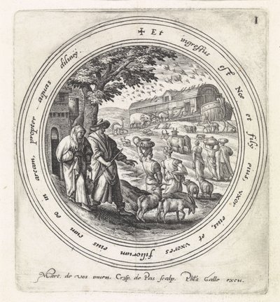 Noe nastoupil do archy se svou rodinou a zvířaty Historie Noaha (název série) od Crispijn van de Passe (I)