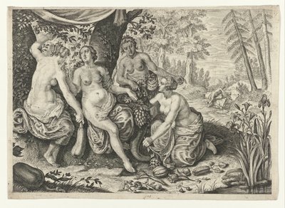 Nymfy vyplňují roh hojnosti Metamorfózy Ovidia (název série) od Crispijn van de Passe (II) (attributed to)