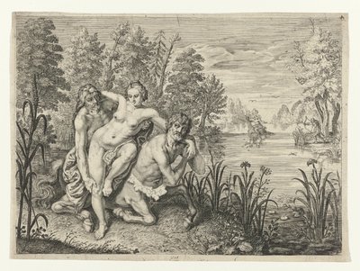 Nessus vezme Deianiru přes řeku Dianier of Nessus zasazený přes potok (název na objektu) Metamorfózy Ovidia (název série) od Crispijn van de Passe (II) (possibly)