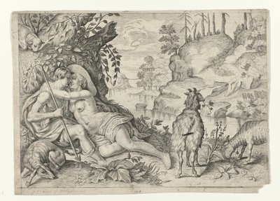 Polyphemus byl chycen Acis en Galatea Metamorfosen van Ovidius (název série) od Crispijn van de Passe (II)