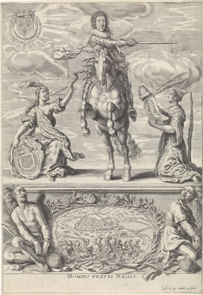 Portrét Gaston Jean-Baptiste z Orléans, na koni Domino Fratri Regis. (název na objektu) od Crispijn van de Passe (II)
