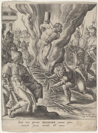 Eleazar upálen Antiochem od Crispijn van de Passe I after Maarten de Vos