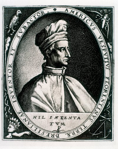 Portrét Ameriga Vespucciho, nápis "Americus Vesputius Florentinus Land of Bresilian Inventor Subactor" (rytina) od Crispin I de (after) Passe