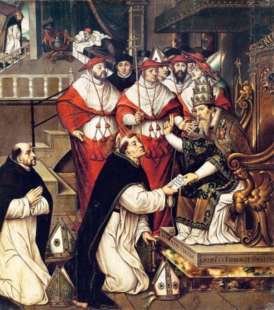 Honorius III (Cencio Savelli, papež v letech 1216 až 1227) potvrzující řád svatého Dominika. Obraz od Cristobala Llorense (cca 1550-1616) od Cristobal Llorens