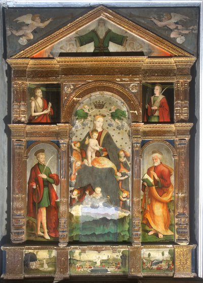 Korunovaná Madona s dítětem a anděly, svatý Pavel, svatý Petr od Cristoforo (fl.1525 1578) & Pancalino Raffaele (fl.1514 1573) Pancalino