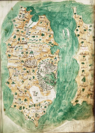 Mapa Chiosu a přilehlé pevniny, asi 1420 (Vellum) od Cristoforo Buondelmonti