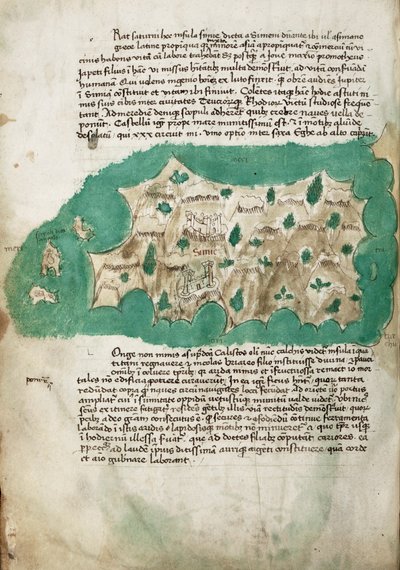 Symi, kartografický přehled řeckého ostrova, s rukopisnými poznámkami na pergamenu od Cristoforo Buondelmonti