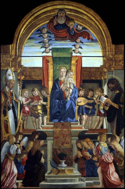 Panna a dítě na trůnu s Bohem Otcem a svatými Hilariusem a Janem Křtitelem, 1499 od Cristoforo Caselli