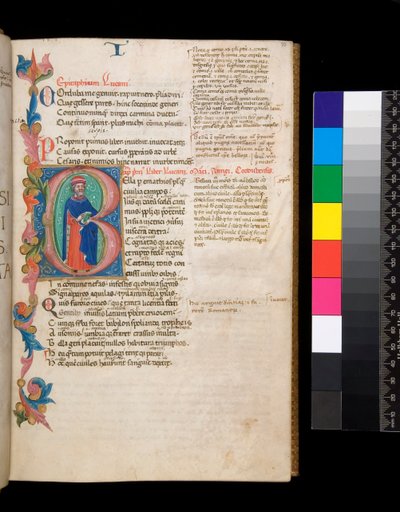 Ms 325. Lucan, Bellum Civile a další díla, f.10r. Iluminovaná iniciála [B], obývá celovečerní autorský portrét, zasahující do částečného okraje listů, cca 1400-10 (pergamen) od Cristoforo Cortese
