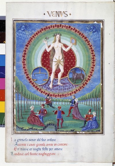 Dodáváno se znameními zvěrokruhu rovnováhy a býka. Dole ty galantní scény. Miniatura od Cristofora de Predis (v. 1440-v. 1486) - v „“ De Sphaera“““ d