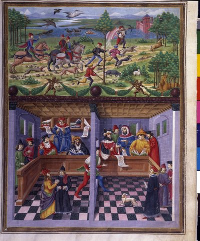 Březnový vliv: lov a dvůr. Miniatura od Cristofora de Predis (v. 1440-v. 1486) - v „“ De Sphaera“““ d