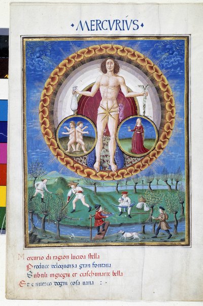 Merkur se znameními zvěrokruhu Panny Marie a Gemelů. Dole rolníci pracující na polích. Miniatura od Cristofora de Predis (v. 1440-v. 1486) - v „“ De Sphaera“““ d