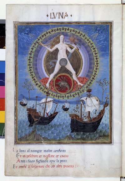 Měsíc se znamením zvěrokruhu rakoviny. Dole, lodě během stoupající klisny. Miniatura od Cristofora de Predis (v. 1440-v. 1486) - v „“ De Sphaera“““ d