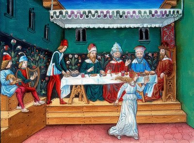 Během Herodovy hostiny předává Salome hlavu Janovi (asi 144r). 1476 od Cristoforo De Predis