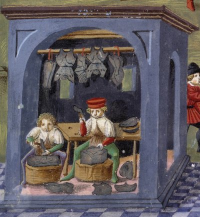 puškař v „“ Vliv měsíce „“: řemeslníci. Miniatura od Cristofora de Predis (v. 1440-v. 1486) - v „“ De Sphaera“““ d