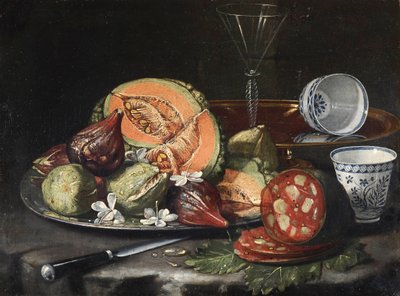 ""Zátiší"" (Zátiší) Meloun, klobása, fíky a čínský porcelán Malba Cristoforo Monari (Munari) (1667-1720), - Olej na plátně, 44x56 - Fondation Custodia od Cristoforo Munari