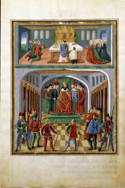 Vliv slunce: světské síly (král před svými dvořany) a duchovní síly (kněz sloužící v kostele). (miniaturní, cca 1470) od Cristoforo De Predis