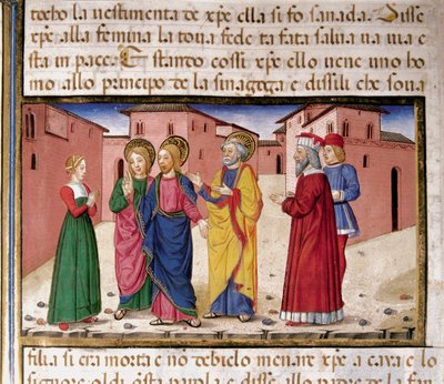 Ježíš oslovuje ženu vinnou z cizoložství Miniatura od Cristofora De Predise (1440-1486) po Dějinách Nového zákona (fol. 61) od Cristoforo De Predis