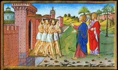 Ježíš a malomocní. Miniatura Cristofora od Predise - v Historia nového zákona od Cristoforo De Predis