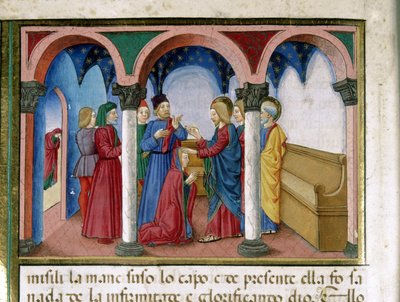 Ježíš narovná ženu se zkroucenými členy v Miniaturní synagoze od Cristofora De Predise (1440-1486) po Dějinách Nového zákona (fol. 78) od Cristoforo De Predis