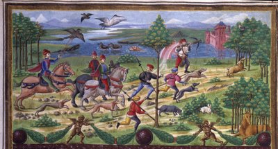 Detail lovu v "" Vliv března "": lov a soud. Miniatura od Cristofora de Predis (asi 1440-asi 1486) - v „“ De Sphaera ”” ”d